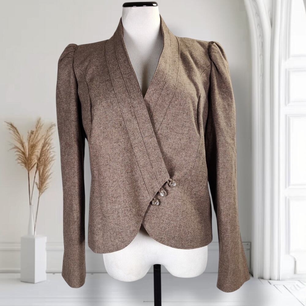 Vintage 80s Wool Blazer Brown Asymmetrical Puff Shoulder Power Jacket Size 14